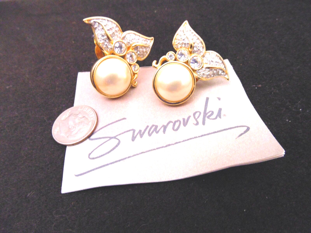 NOS 80s Swarovski Crystal Mabe Pearl Pave Rhinestone Gold Clip Earrings SAL